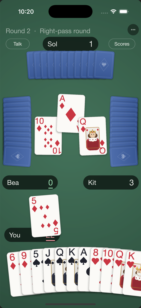 Gel Hearts mid-round — a card springs from your hand onto the trick